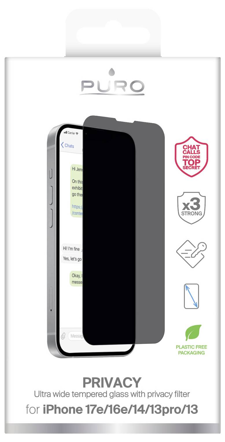 Das Bild zeigt Verpackungen für einen Puro-Datenschutz-Displayschutz für iPhone-Modelle 17e/16e/14/13pro/13. Es hebt Merkmale wie ultra-breites gehärtetes Glas, 
