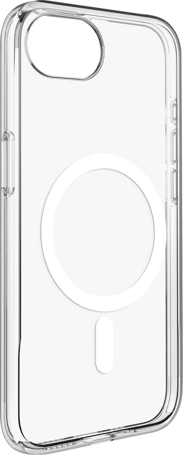 Ein durchsichtiges Smartphone-Schutzhülle mit einem weißen Kreisdesign auf der Rückseite, kompatibel mit kabelloser Aufladung.