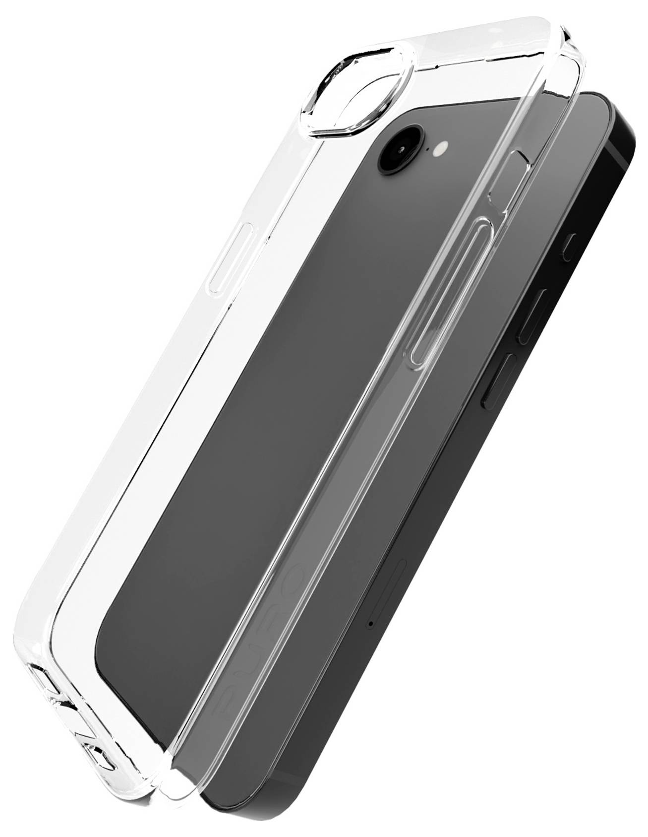 Ein transparentes Handyhülle liegt auf einem Smartphone und zeigt die Positionierung der Tasten und die Kameraaussparung, vor weißem Hintergrund.