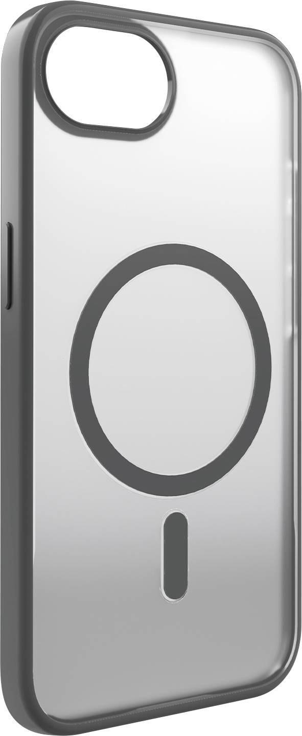 Eine transparente Handyhülle mit einem schwarzen, fetten kreisförmigen Symbol auf der Rückseite, kompatibel mit MagSafe-Technologie, entworfen für ein Smartphone.