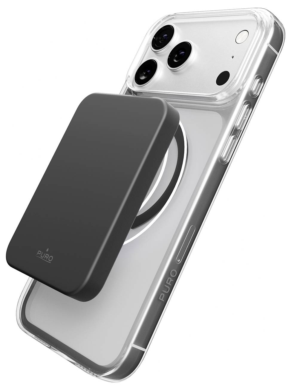 Smartphone mit durchsichtiger Schutzhülle und schwarzem rechteckigem kabellosen Ladegerät auf der Rückseite, mit Fokus auf die Ladefunktion.