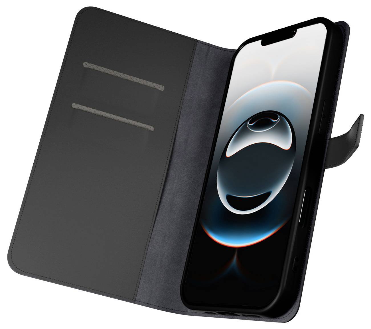 Offene schwarze Handyhülle mit zwei Kartensteckplätzen, die einen Smartphone-Bildschirm zeigt, auf dem ein kreisförmiges abstraktes Design in Blau- und Rottönen eingestellt ist.