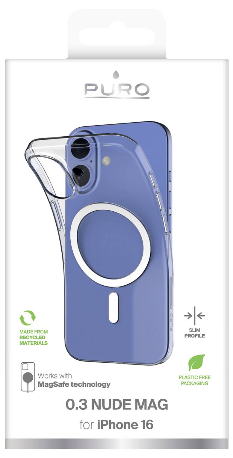 iPhone 16 Hülle, Puro 0.3 Nude Mag, schlankes Design, MagSafe-kompatibel, hergestellt aus recycelten Materialien, plastikfreie Verpackung.