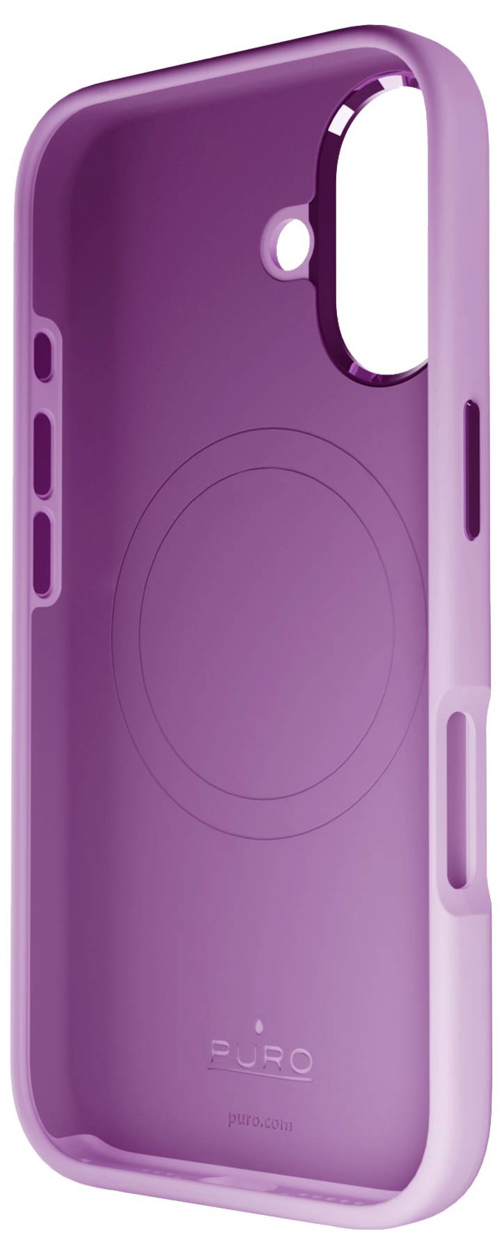 Violettes Smartphone-Schutzhülle mit Kameraausschnitt und strukturierter Griffkante, mit glatter Innenseite, die mit Magnethalterungen kompatibel ist.
