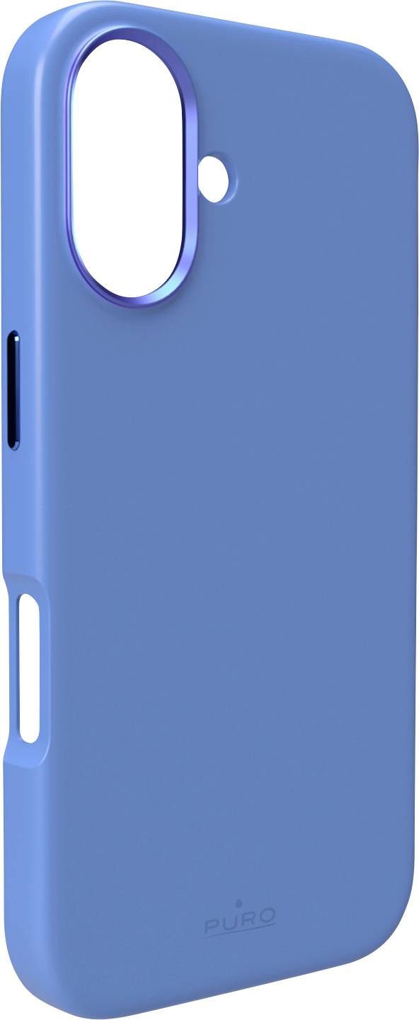 Blaue Handyhülle mit großer Kameraaussparung und kleineren Löchern für zusätzliche Funktionen, die ein schlankes Design und minimales Branding hervorheben.