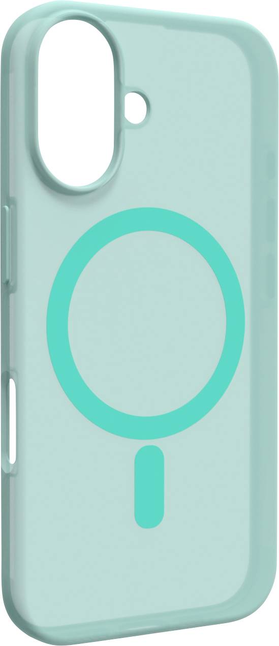 Eine mintgrüne Smartphone-Schutzhülle mit einem einfachen, großen türkisfarbenen Lupe-Symbol auf der Rückseite.