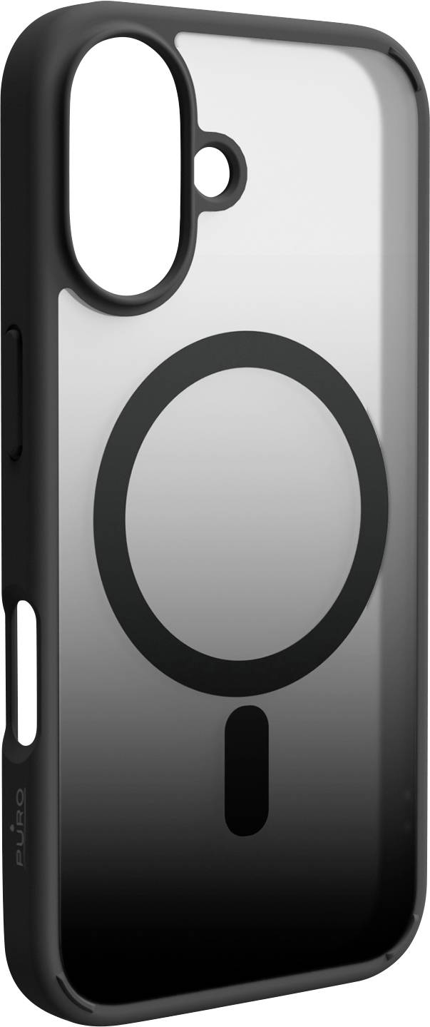Ein schwarzes und graues Handyhülle mit einem kreisförmigen Muster auf der Rückseite, entworfen für ein Smartphone mit dualen rückseitigen Kameras.