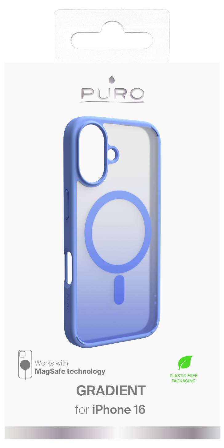 Ein Gehäuse mit Farbverlauf in Blau für iPhone 16 mit MagSafe-Technologie. Die Verpackung vermerkt, dass es plastikfrei ist. Markenlogo 