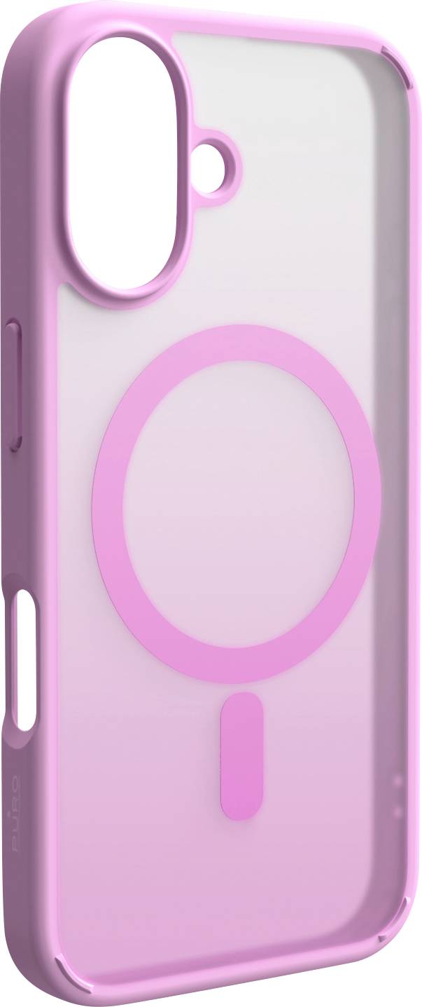 Eine durchsichtige Smartphone-Hülle mit rosa MagSafe-Ring und Taste-Akzenten, entwickelt für Schutz und Kompatibilität mit magnetischer Befestigung.