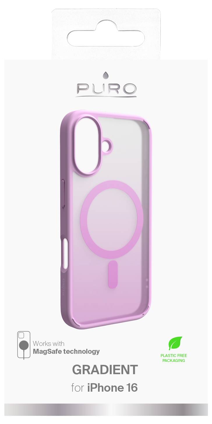 Verpackungsbild einer rosa, Farbverlauf-iPhone-Hülle mit MagSafe-Kompatibilität für iPhone 16. Die Verpackung hebt 