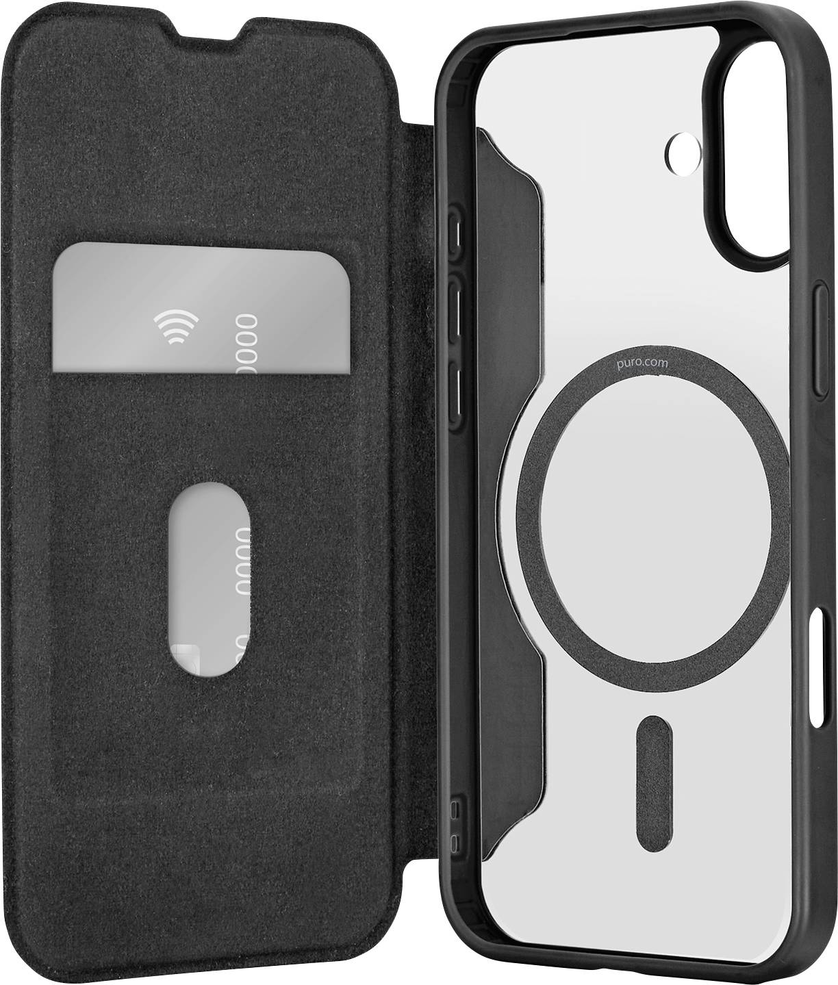 Transparente Handyhülle mit magnetischem Ladeausrichtungskreis, vordere Abdeckung offen, um einen Kartensteckplatz zu enthüllen.