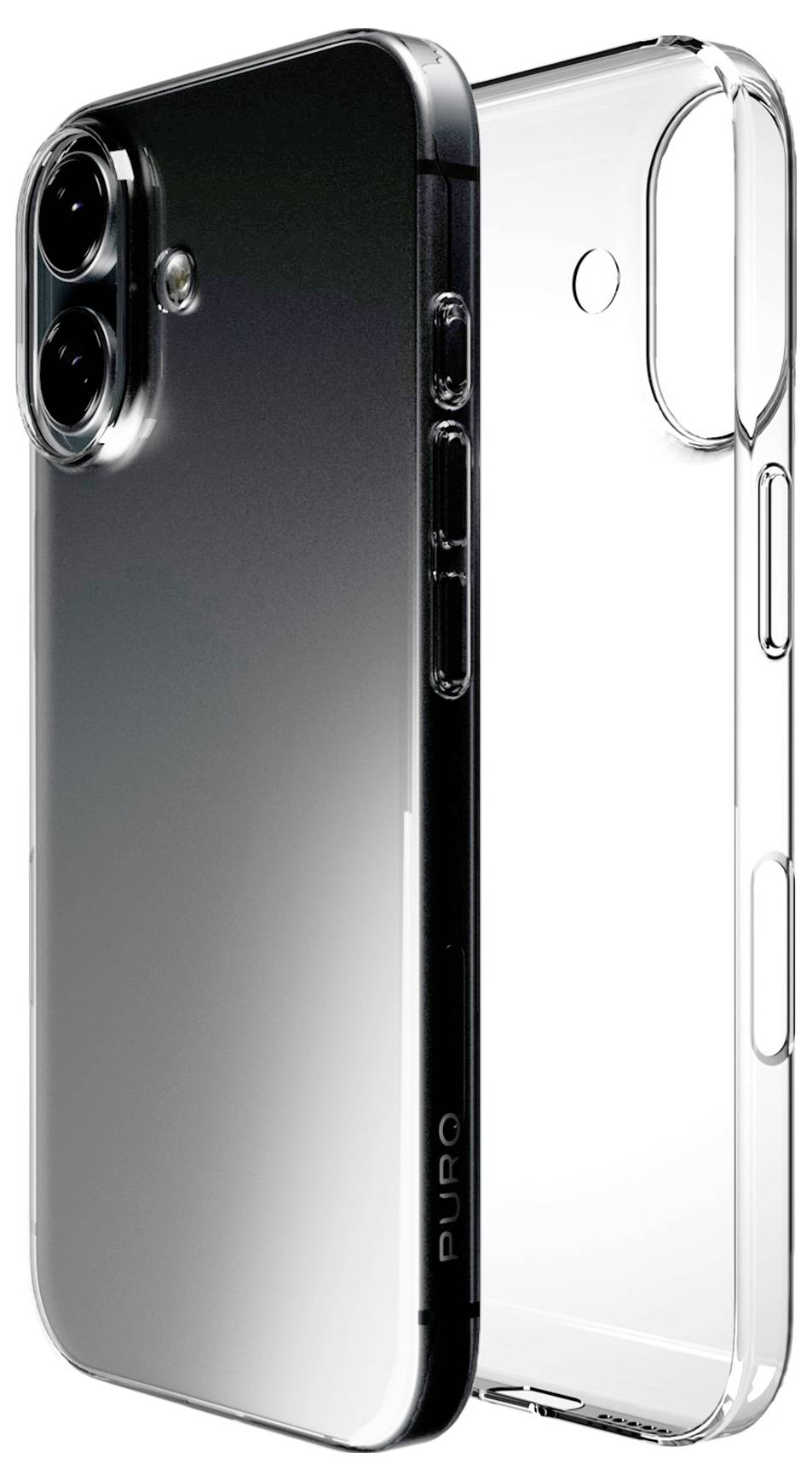 Zwei transparente Smartphone-Schutzhüllen mit Kamera- und Tastenaussparungen, die ihr Schutzdesign und die schlanke Passform für moderne Telefone hervorheben.