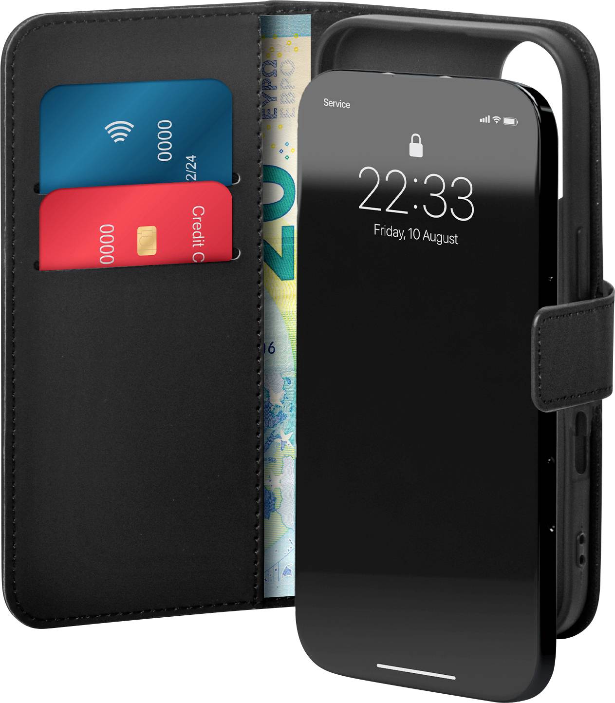 Ein Smartphone mit schwarzem Gehäuse, das einen Sperrbildschirm mit „22:33