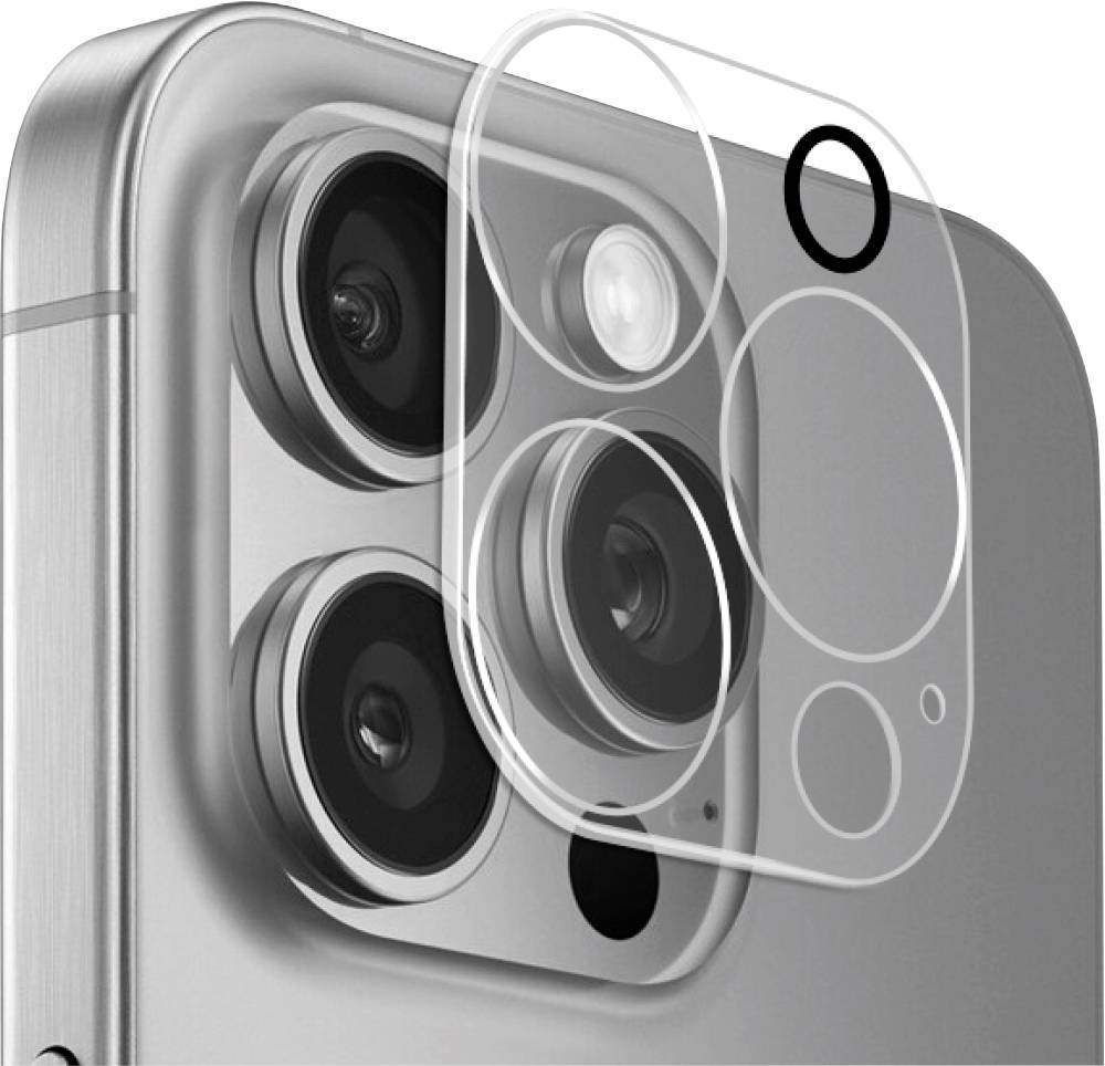 Nahaufnahme des dreifachen Kamerasystems eines Smartphones von hinten mit einem abnehmbaren, transparenten Objektivschutz, der jedes Kameraobjektiv hervorhebt.