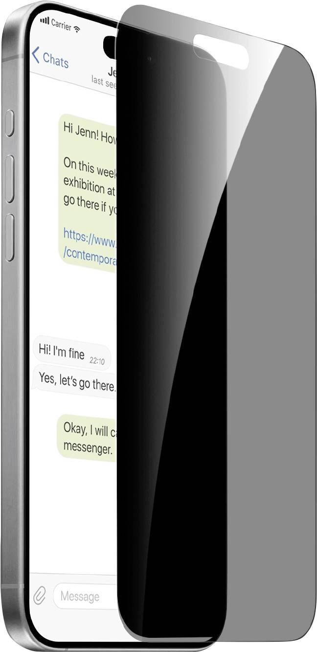 Ein Smartphone zeigt eine Messaging-App an. Der Bildschirm zeigt eine Unterhaltung über einen Besuch in einer Kunstausstellung. Eine Datenschutz-Displayschutzfolie bedeckt die Anzeige teilweise.