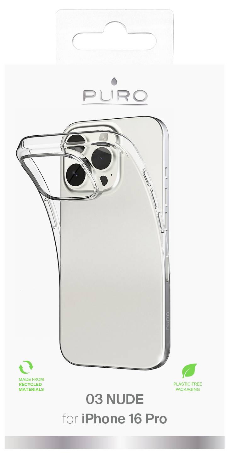 Transparente iPhone 16 Plus Schutzhülle mit MagSafe-Technologie und plastikfreier Verpackung, unter der Marke Puro Lite Mag.
