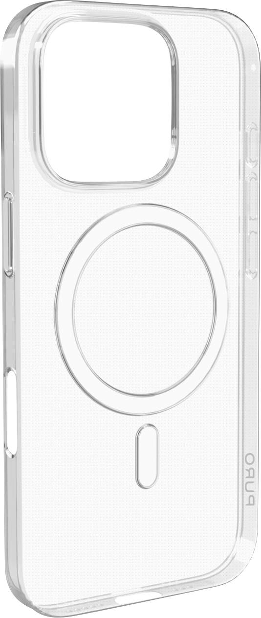 Eine transparente Handyhülle mit kreisförmigem Design, geeignet für MagSafe-Kompatibilität.