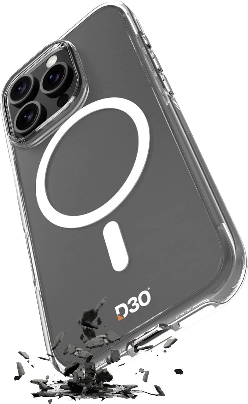 Ein transparentes Smartphone-Case mit einem weißen kreisförmigen Design, das das „D3O