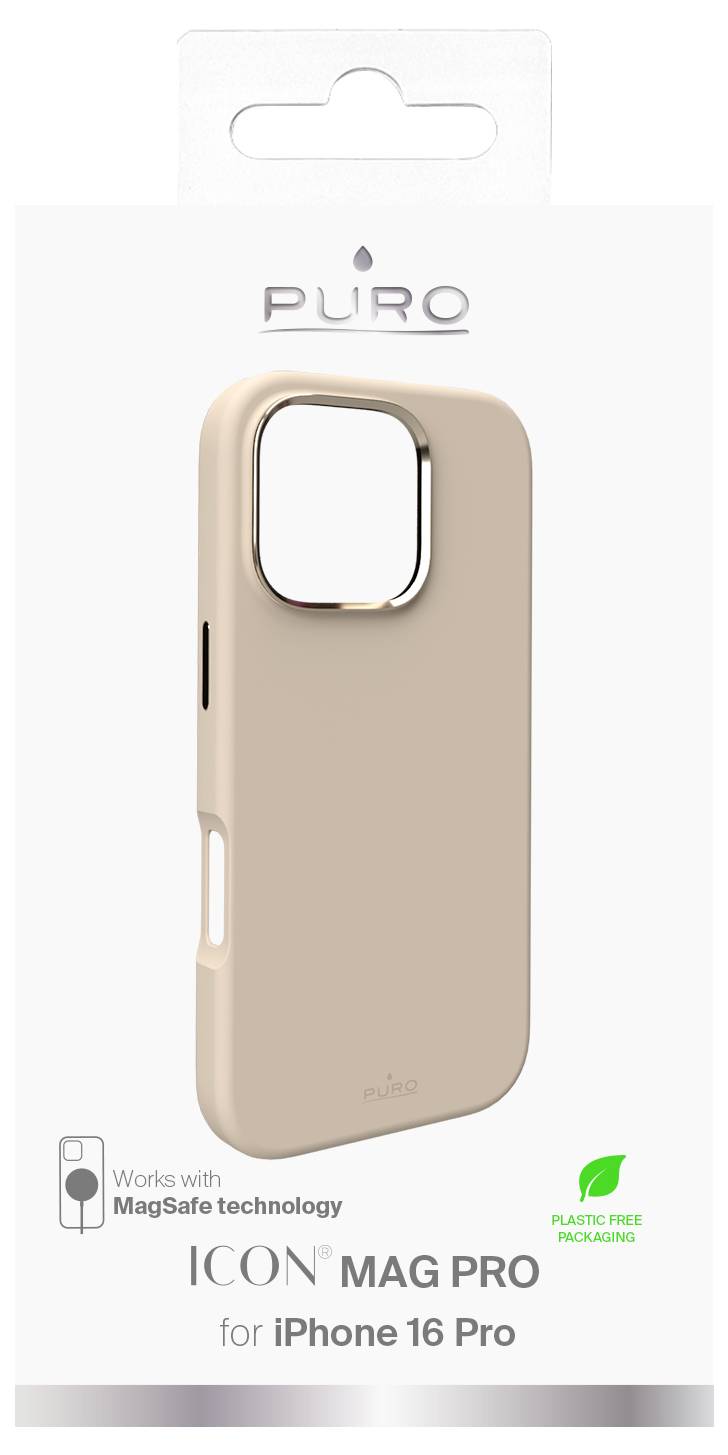 Beige Handyhülle für iPhone 16 Pro mit MagSafe-Technologie beworben. Kunststofffreie Verpackung vermerkt. Marke 'PURO' auf der Hülle abgebildet.