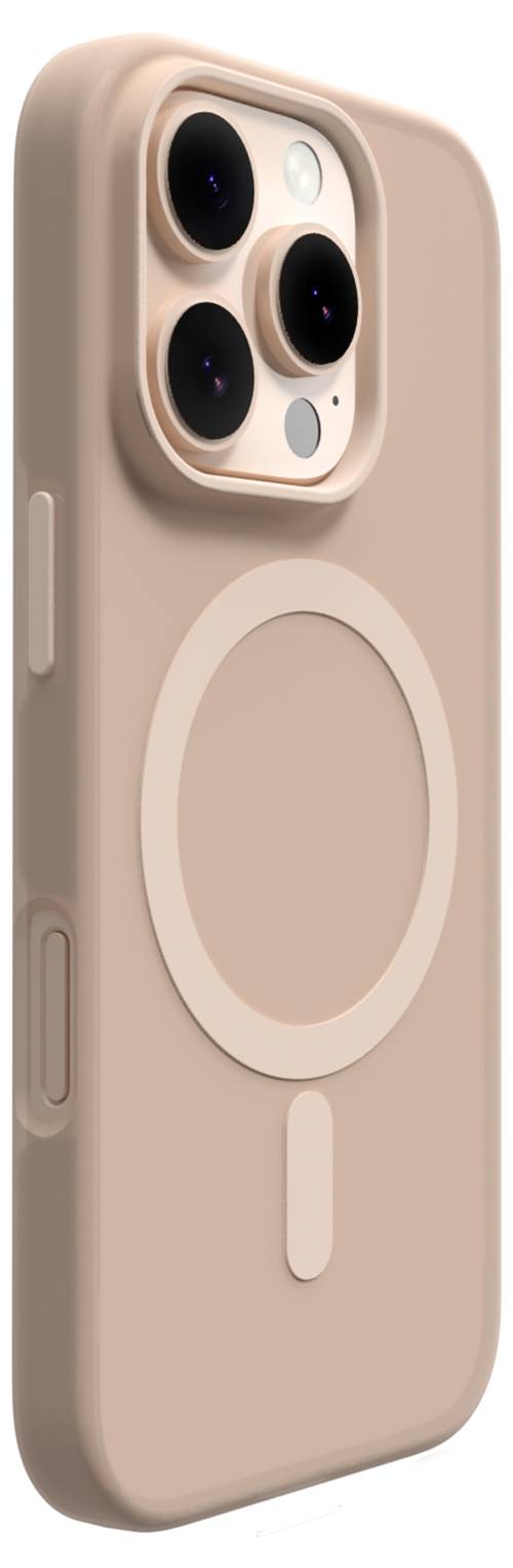 Ein hellrosa Smartphone-Case mit einem kreisförmigen Design auf der Rückseite, entworfen für ein Telefon mit einer Kamera mit drei Objektiven.