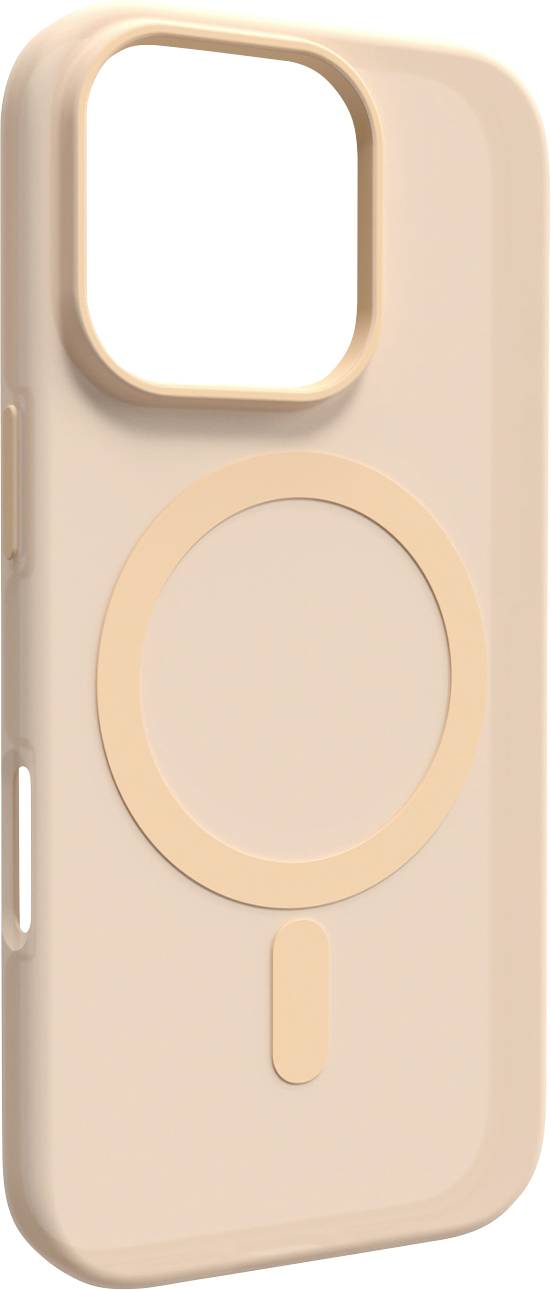 Eine beigefarbene Smartphone-Hülle mit einem kreisförmigen Ladesymbol auf der Rückseite, entwickelt für ein Gerät mit Dual-Rückkameras.