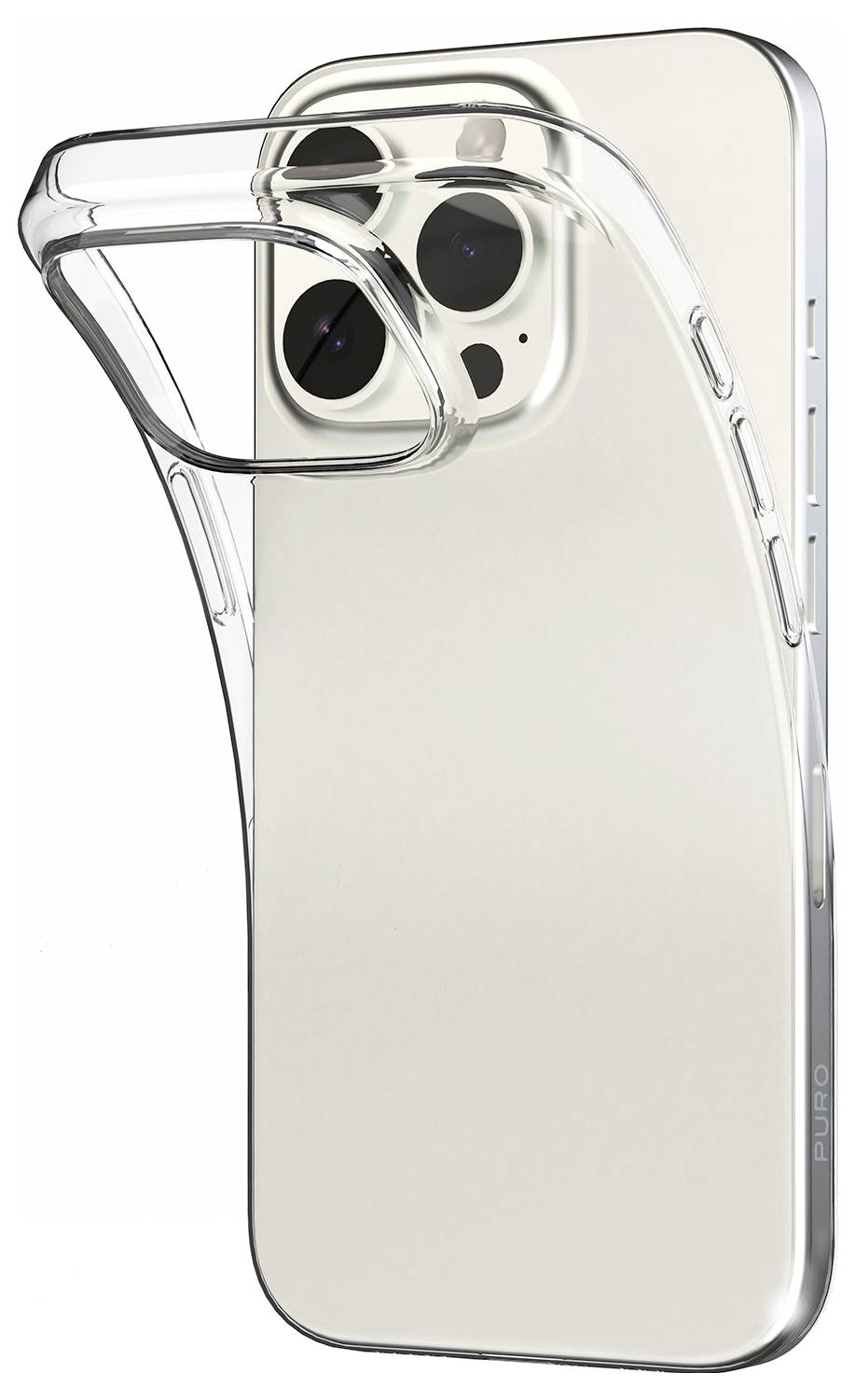 Ein durchsichtiges Handyhülle wird zur Hälfte auf einem silbernen Smartphone angebracht und hebt die Kamera und die Tasten auf der Seite hervor.