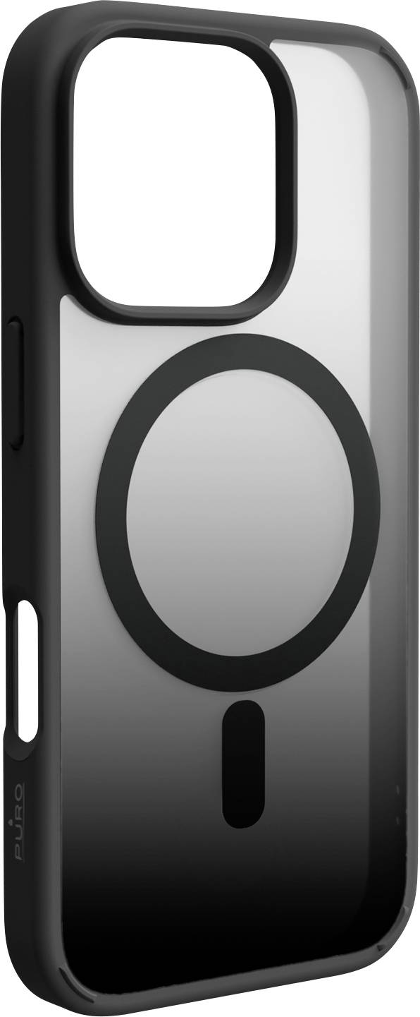 Handyhülle mit schwarzem Rahmen und transparenter Rückseite mit rundem MagSafe-Design.