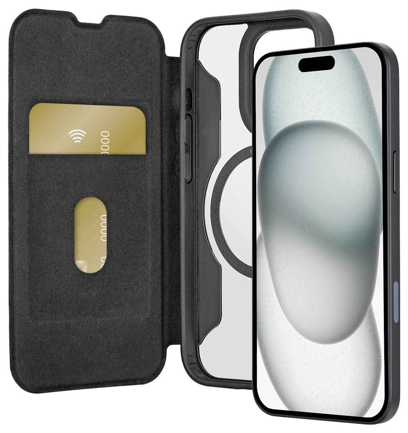 Ein Smartphone in einer schwarzen Brieftaschenhülle, das seinen Bildschirm auf der rechten Seite zeigt. Die Hülle hat zwei Kartensteckplätze mit sichtbaren Karten auf der linken Seite.