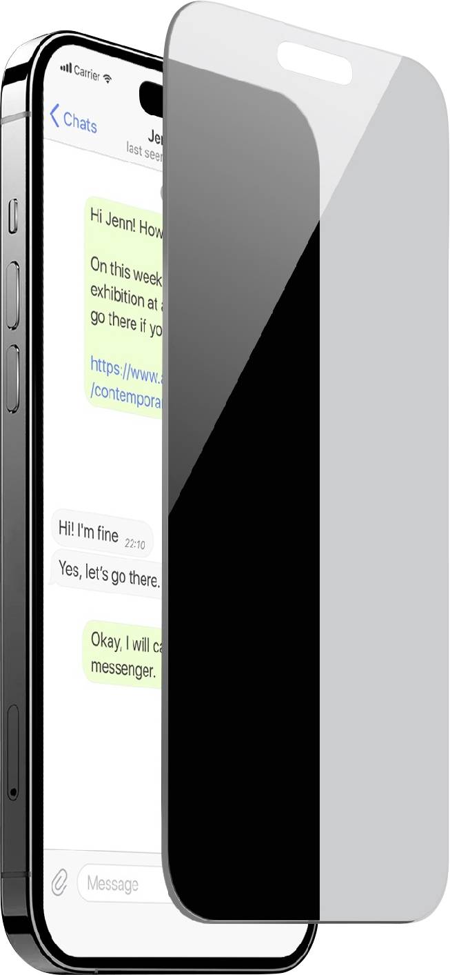 Ein Smartphone zeigt eine Textkonversation mit Nachrichten zur Planung eines Besuchs einer Kunstausstellung an. Ein Datenschutzbildschirm zeigt begrenzte Betrachtungswinkel.
