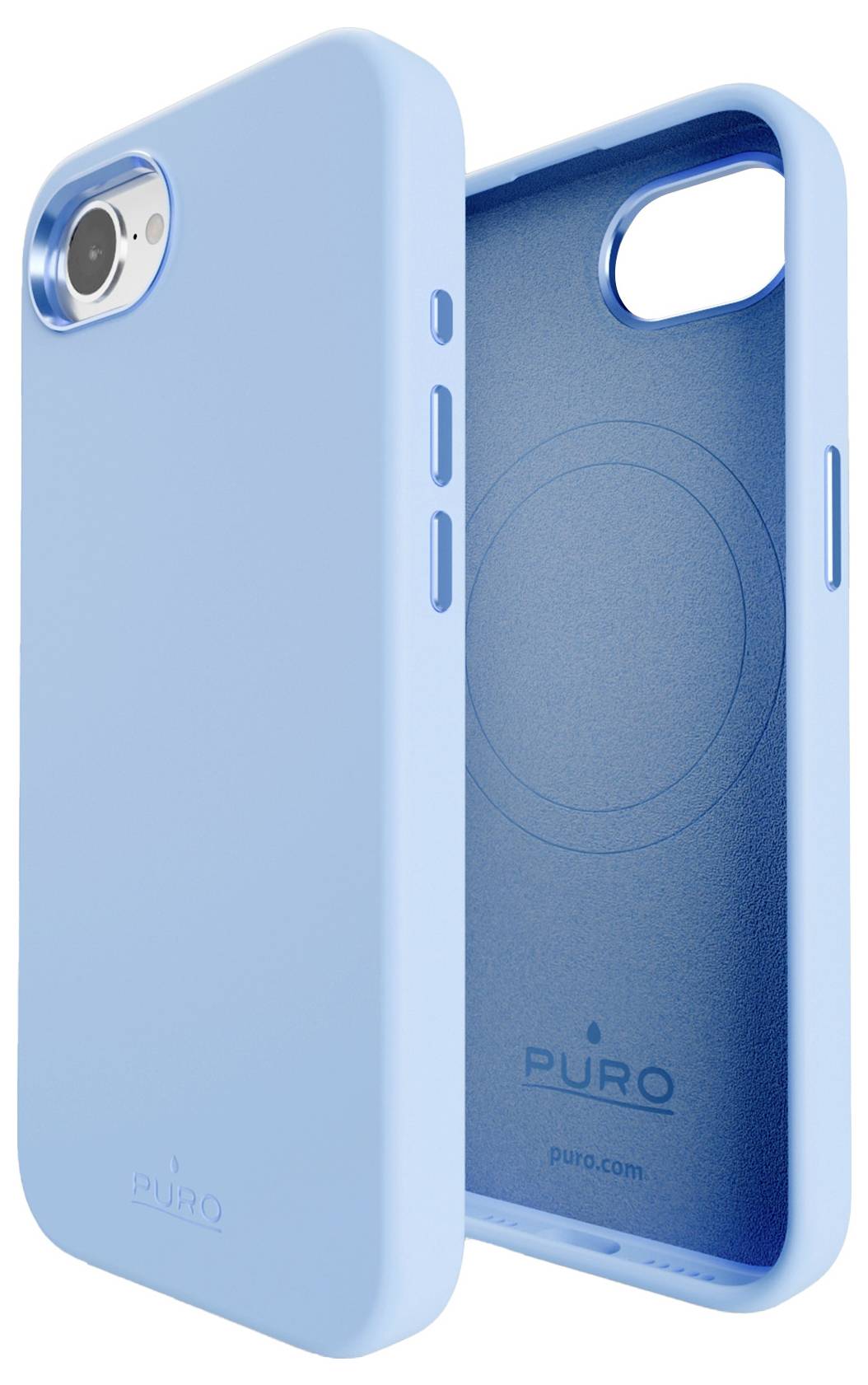 Eine blaue Smartphone-Hülle mit einem schlichten Design, die ihre Schutzfunktionen und präzise Ausschnitte für die Kamera und Tasten präsentiert.