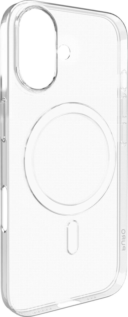 Eine transparente Handyhülle mit erhobener kreisförmiger Kontur, kompatibel mit magnetischen Zubehörteilen, mit Aussparungen für Kamera und Tasten.