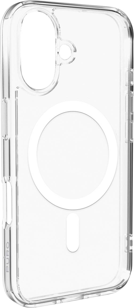 Transparentes Handyhülle mit MagSafe-Ring, Taste-Aussparungen und Kameraöffnung. Entworfen für ein iPhone.