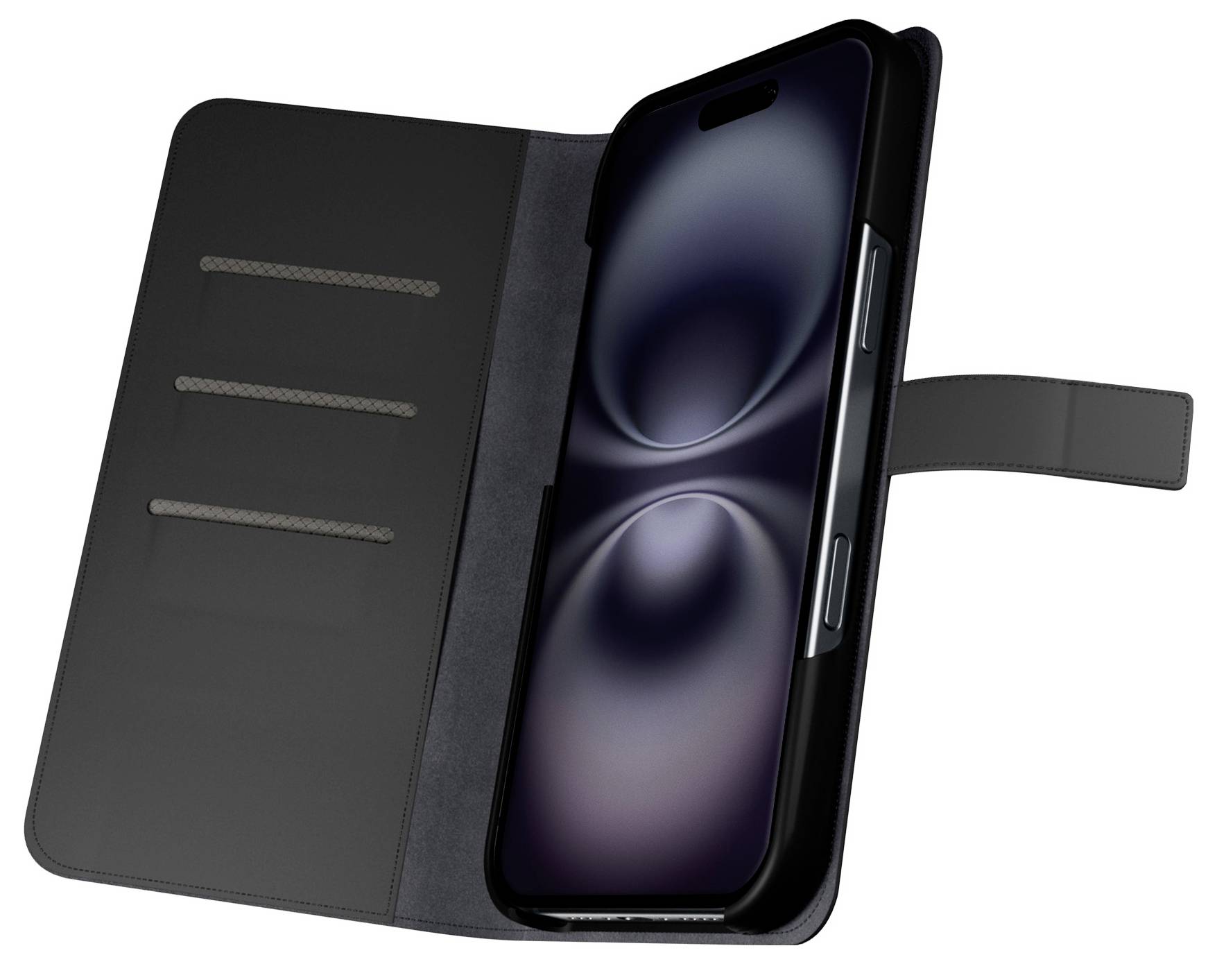 Eine Smartphone-Hülle mit aufgeklapptem Deckel, die auf der linken Seite Kartensteckplätze zeigt und auf der rechten Seite ein Telefon mit einem dunklen, abstrakten Wirbelmuster.