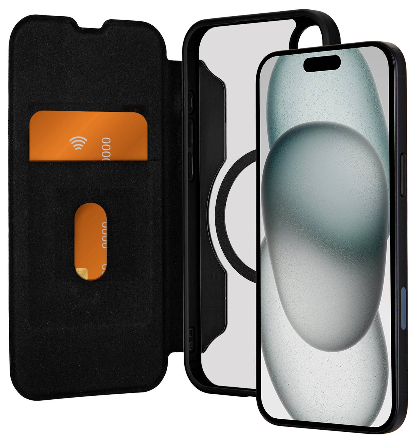 Offenes Smartphone-Gehäuse mit einem Mobiltelefon, das ein minimalistisches Bildschirmdesign anzeigt. Das Gehäuse verfügt über einen Kartenhalter mit einer eingefügten orangefarbenen Karte.