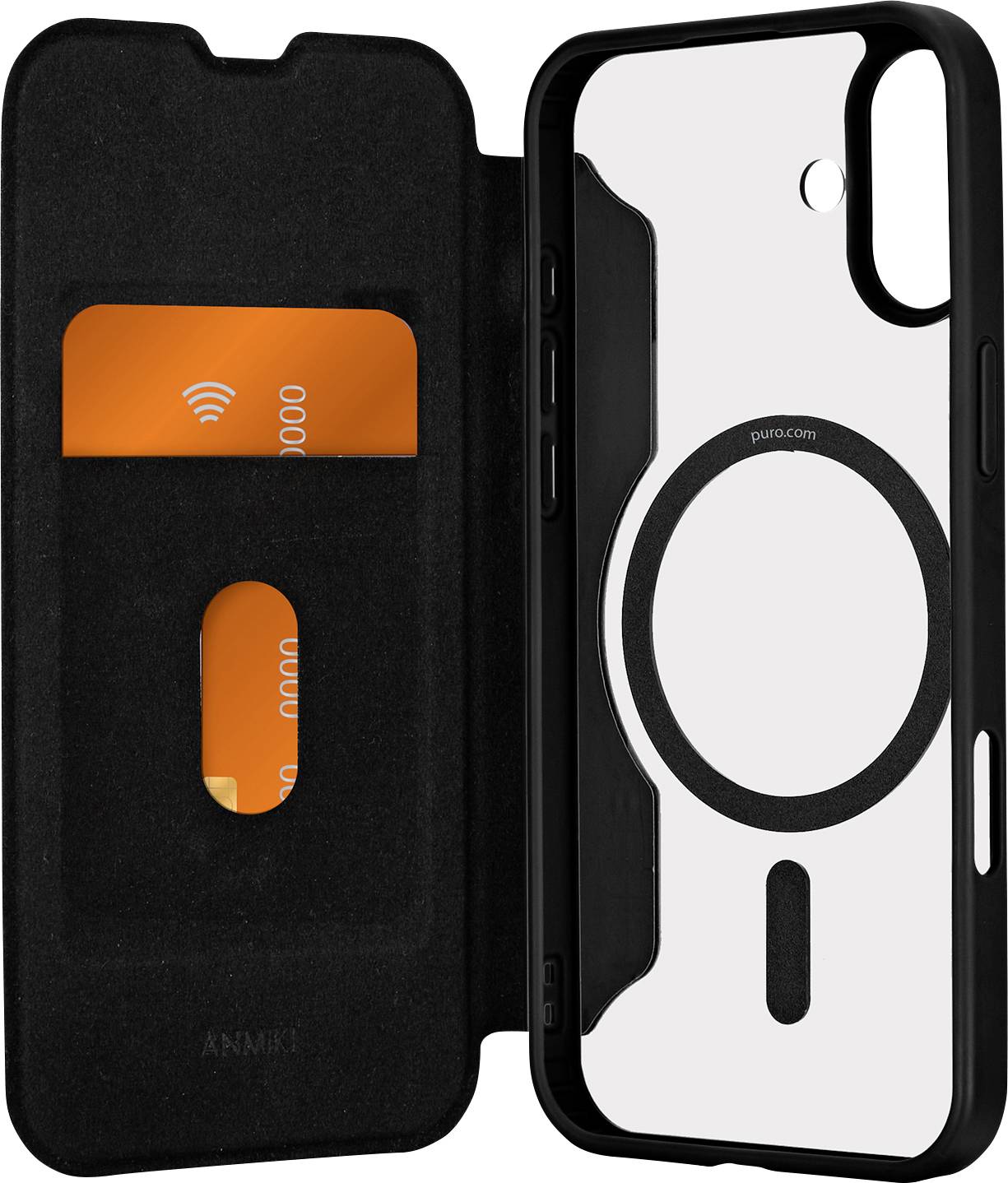 Schwarze Handyhülle mit MagSafe-Ring auf der Rückseite und einem Kartenfachschlitz in der inneren Vorderseite, die eine orangefarbene Karte hält.