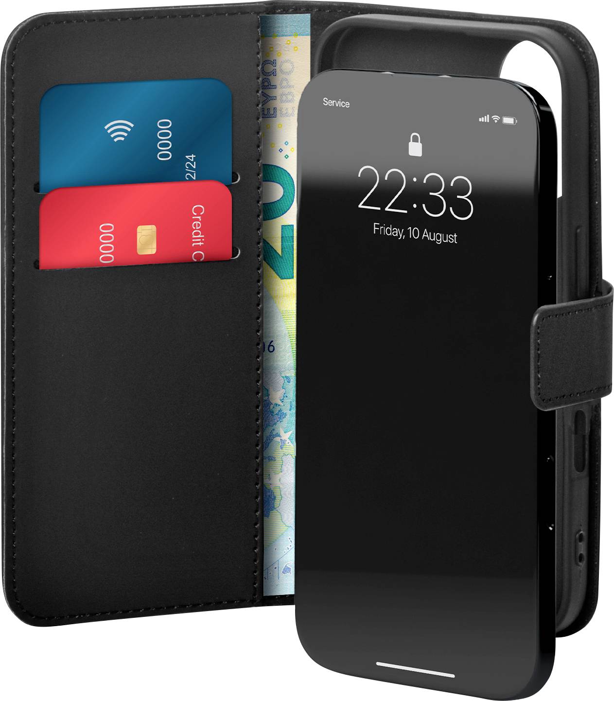 Ein Smartphone in einer schwarzen Folio-Schutzhülle mit Kartensteckplätzen und einer Geldbörse, das die Uhrzeit „22:33