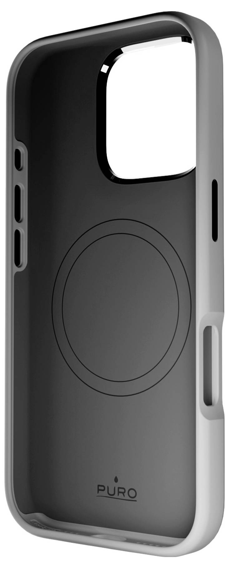 Eine elegante, schwarze Smartphone-Schutzhülle mit einem runden MagSafe-Ladeaufnahme-Ausschnitt, mit 
