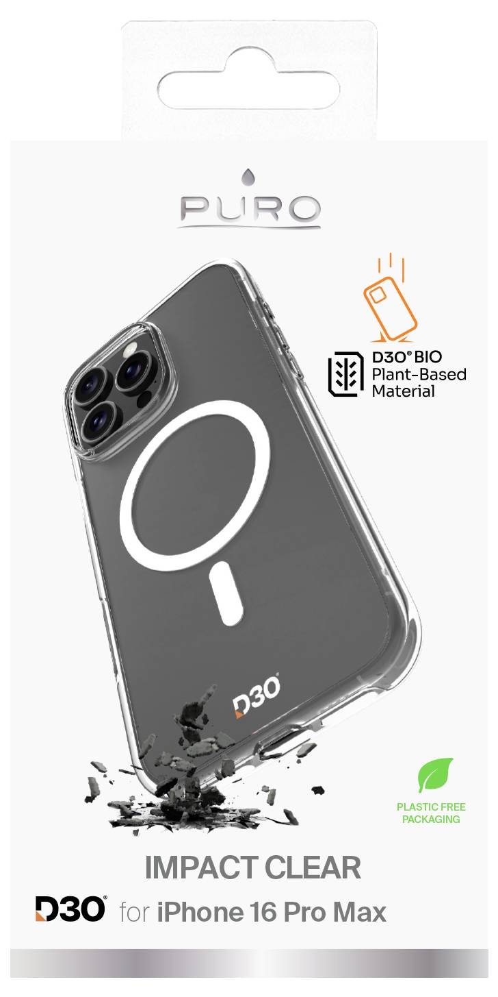 Transparente Handyhüllen-Verpackung für iPhone 16 Pro Max mit den Textangaben „Impact Clear