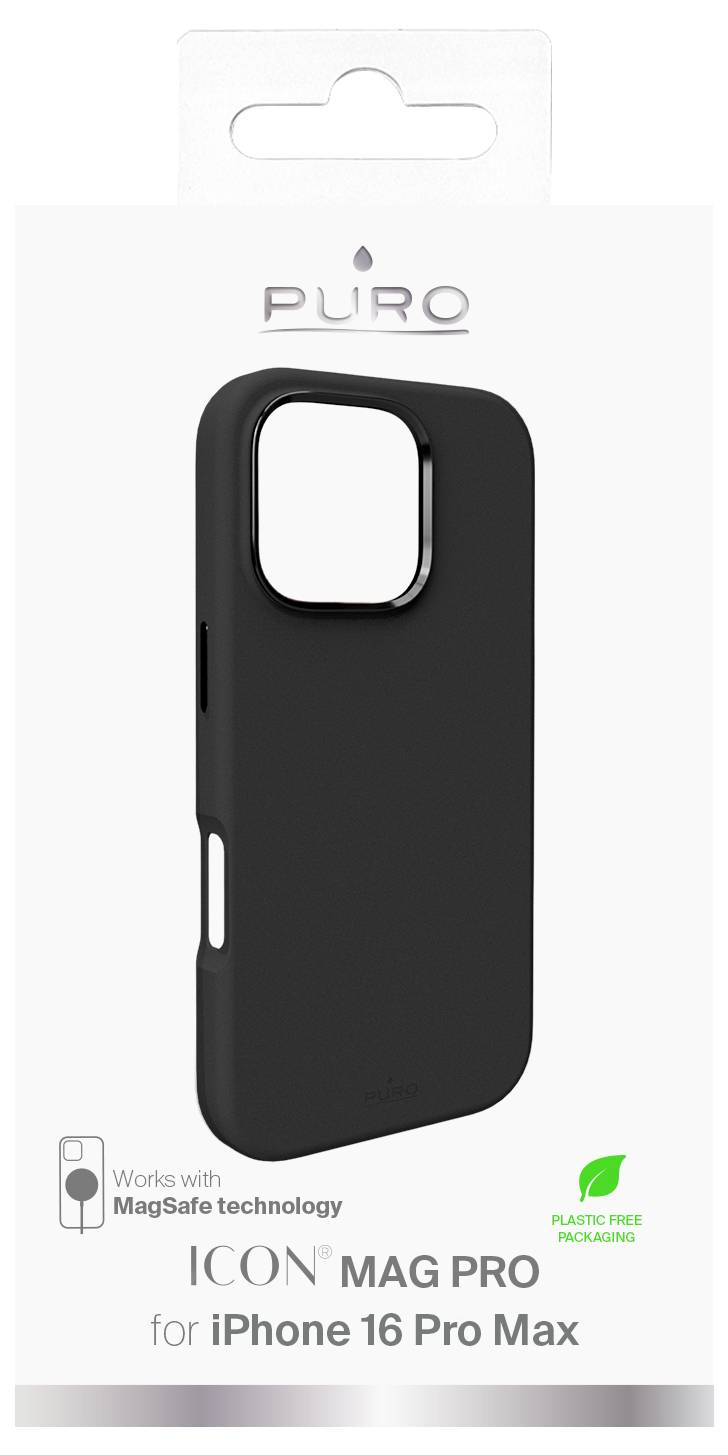 Beige Puro ICON Mag Pro Hülle für iPhone 16 Pro Max, kompatibel mit MagSafe; umweltfreundlich, plastikfreie Verpackung.