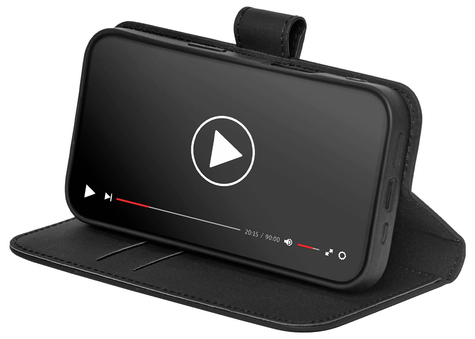 Ein Smartphone in einer schwarzen Hülle steht horizontal als Ständer und zeigt einen angehaltenen Videobildschirm mit einer Wiedergabeschaltfläche in der Mitte an.
