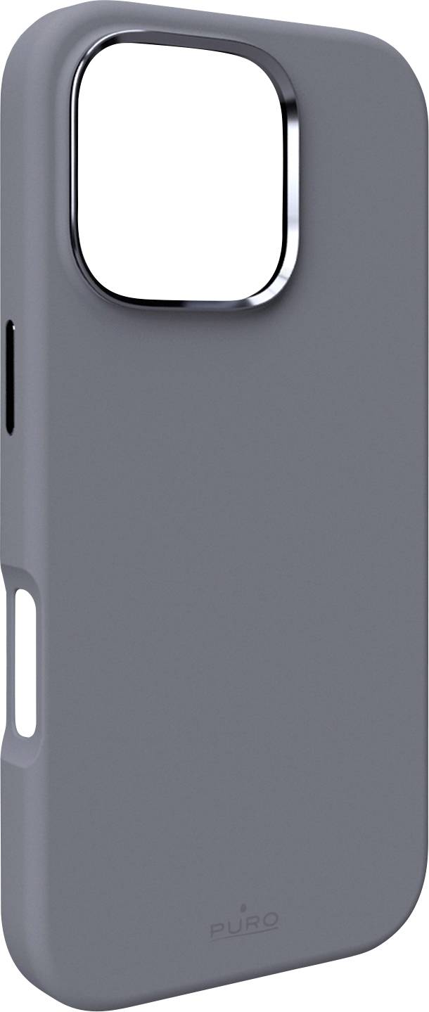 Eine elegante, graue Schutzhülle mit glatter Oberfläche und präzise geschnittenen Aussparungen für Tasten und Kamera, entworfen zum Schutz eines Smartphones.