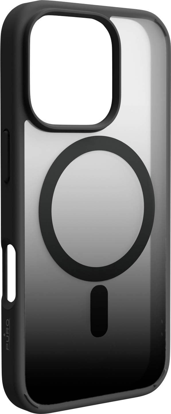Ein elegantes, schwarzes und transparentes Handyetui mit einem kreisförmigen MagSafe-Design, das Schutz und magnetische Unterstützung für kompatible Geräte bietet.