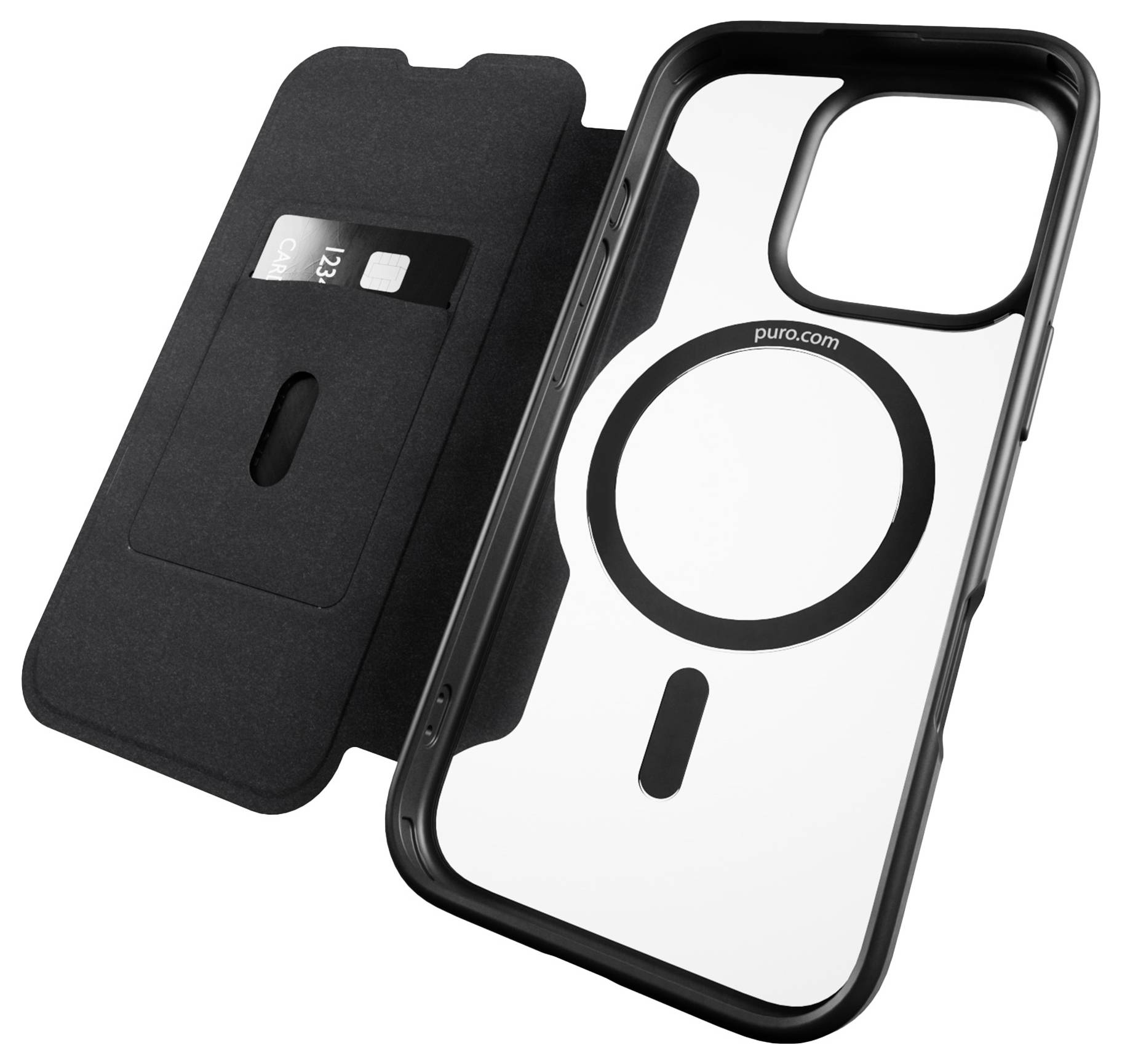 Handyhülle mit magnetischem Ring und Kartensteckplatz im Inneren der Abdeckung, schwarze Außenseite, geeignet zum sicheren Aufbewahren von Karten und Telefon zusammen.