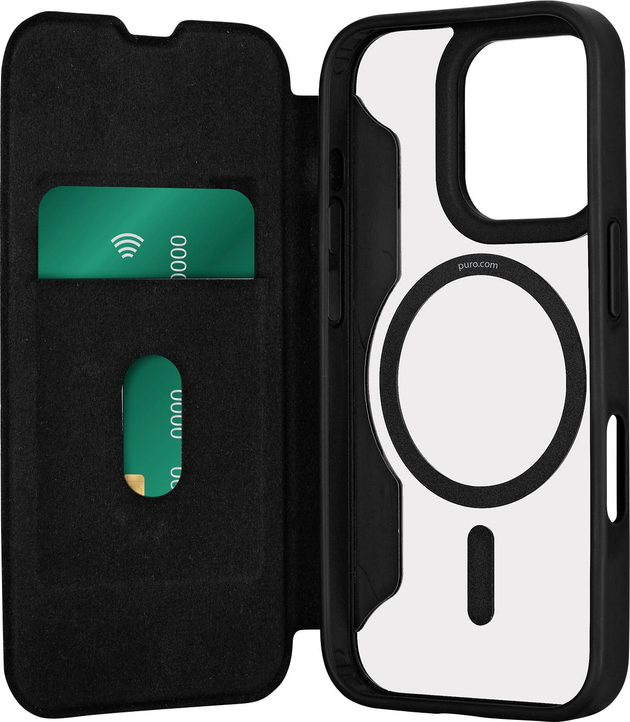 Ein schwarzes Telefongehäuse mit MagSafe-Kompatibilität auf der rechten Seite und einem Kartensteckplatz auf der linken Seite, in dem eine teilweise sichtbare Karte zu sehen ist.