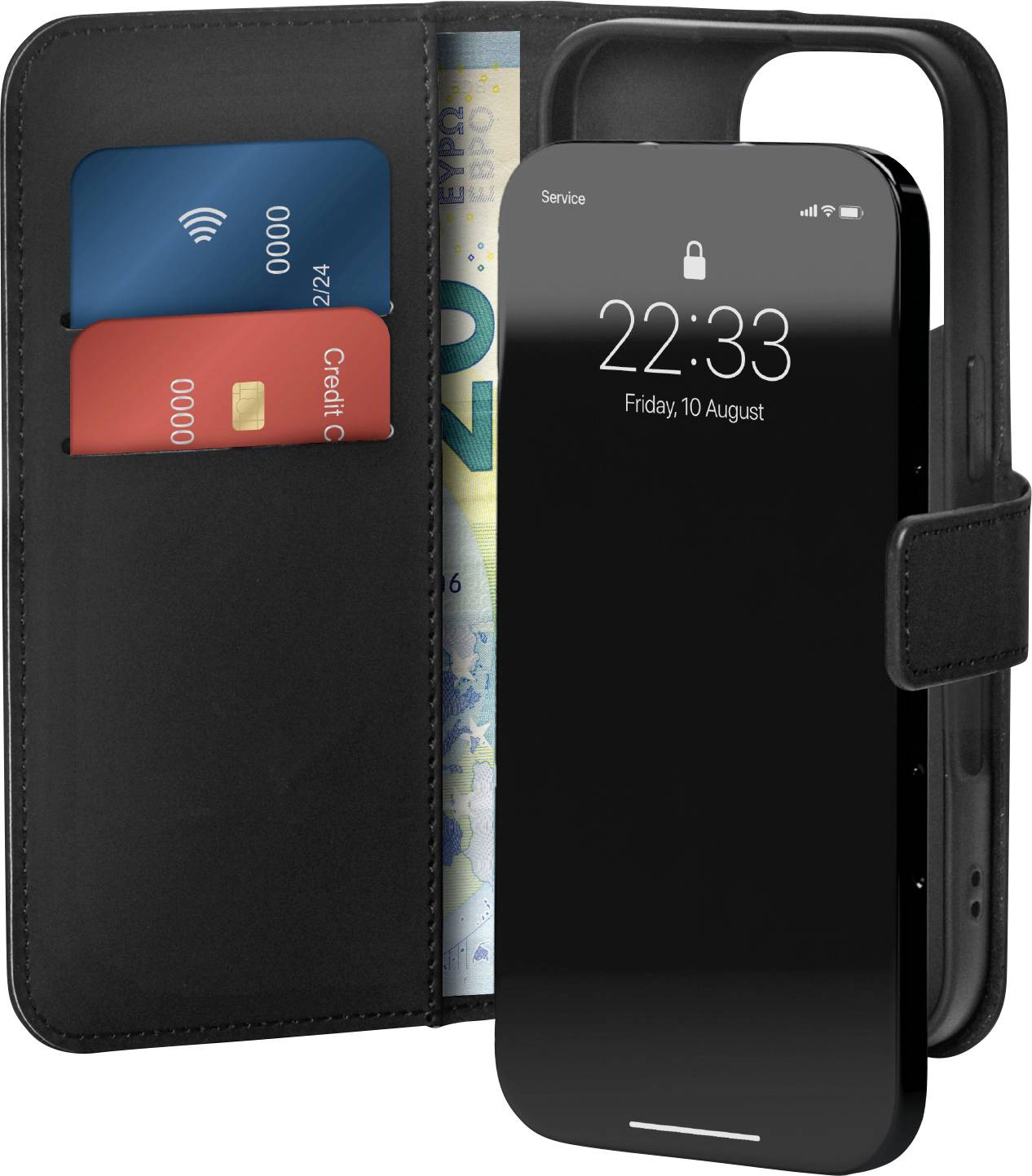 Ein schwarzes Geldbörsen-Handyhülle, die ein Smartphone hält, auf dem 