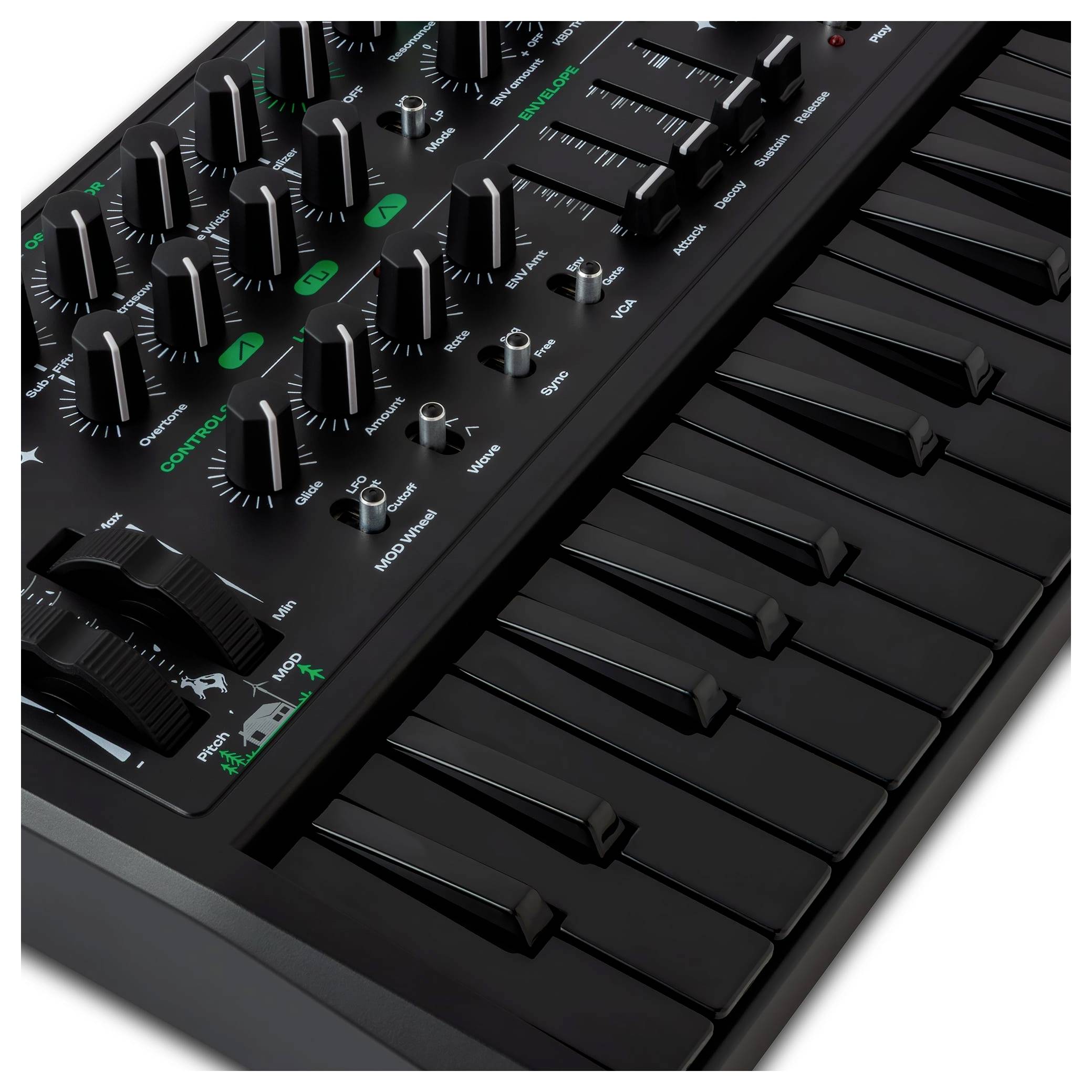 Ein schwarzes elektronisches Synthesizer-Keyboard mit mehreren Drehknöpfen und Schiebereglern zur Klangmodulation, entwickelt für Musikproduktion und Live-Performance.