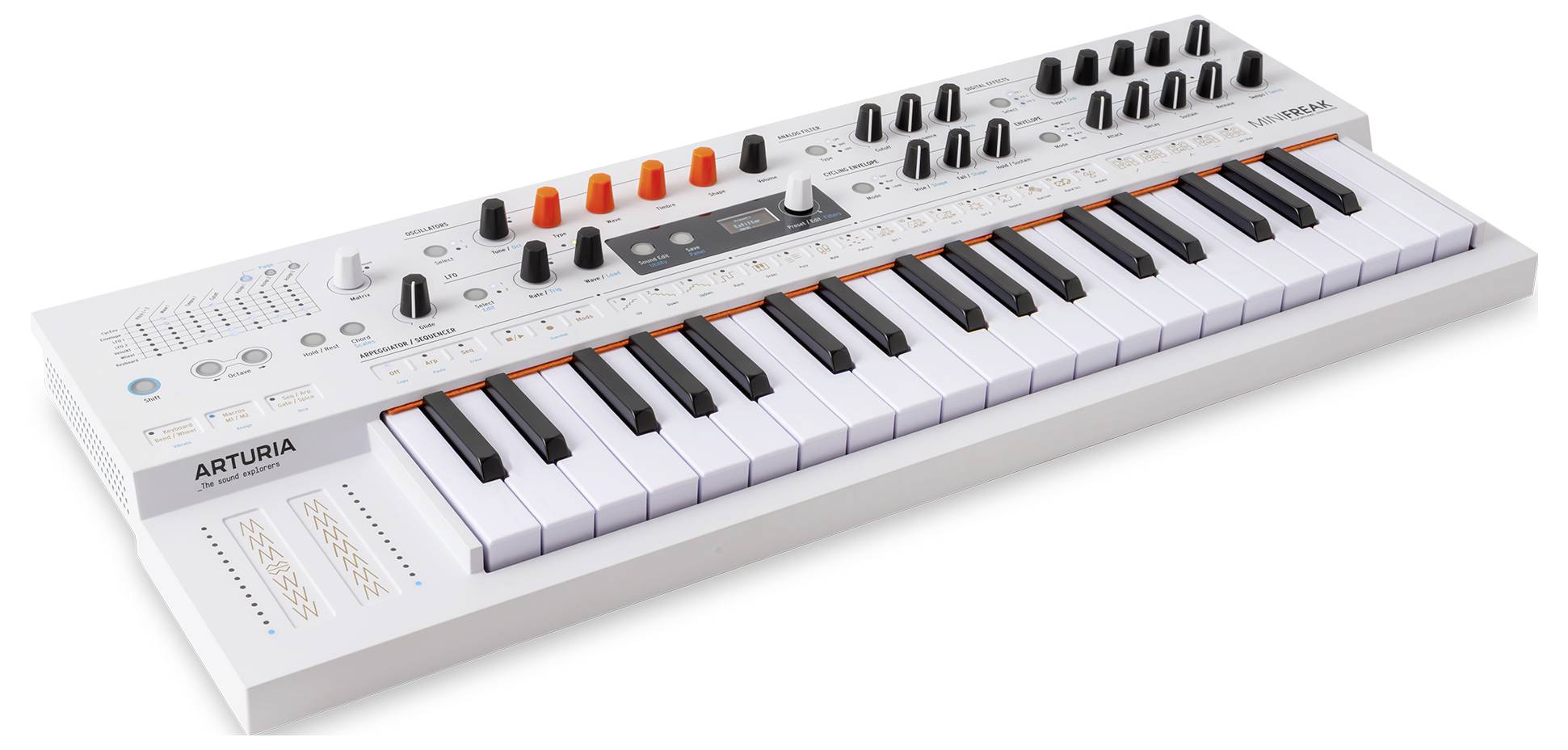 Eine weiße MIDI-Tastatur mit mehreren Drehreglern, Tasten und Schiebereglern oben, zusammen mit einem digitalen Display, konzipiert für Musikproduktion.