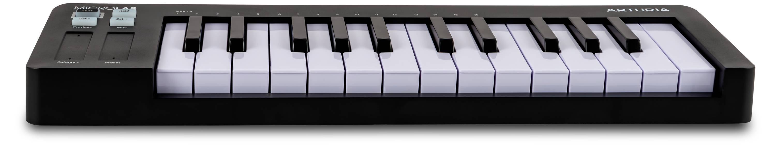 Eine kompakte MIDI-Tastatur mit 13 schwarzen und weißen Tasten und Buttons auf der linken Seite zur Klangsteuerung.