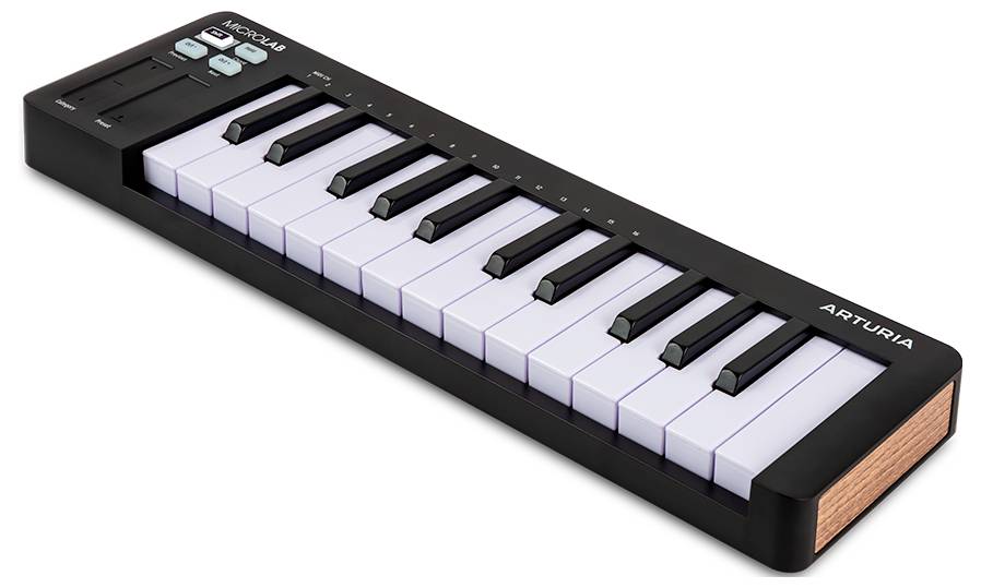 Eine kompakte schwarze und weiße MIDI-Tastatur mit 13 Tasten und Kontrollbuttons an der Seite, entwickelt für Musikproduktion und Performance.