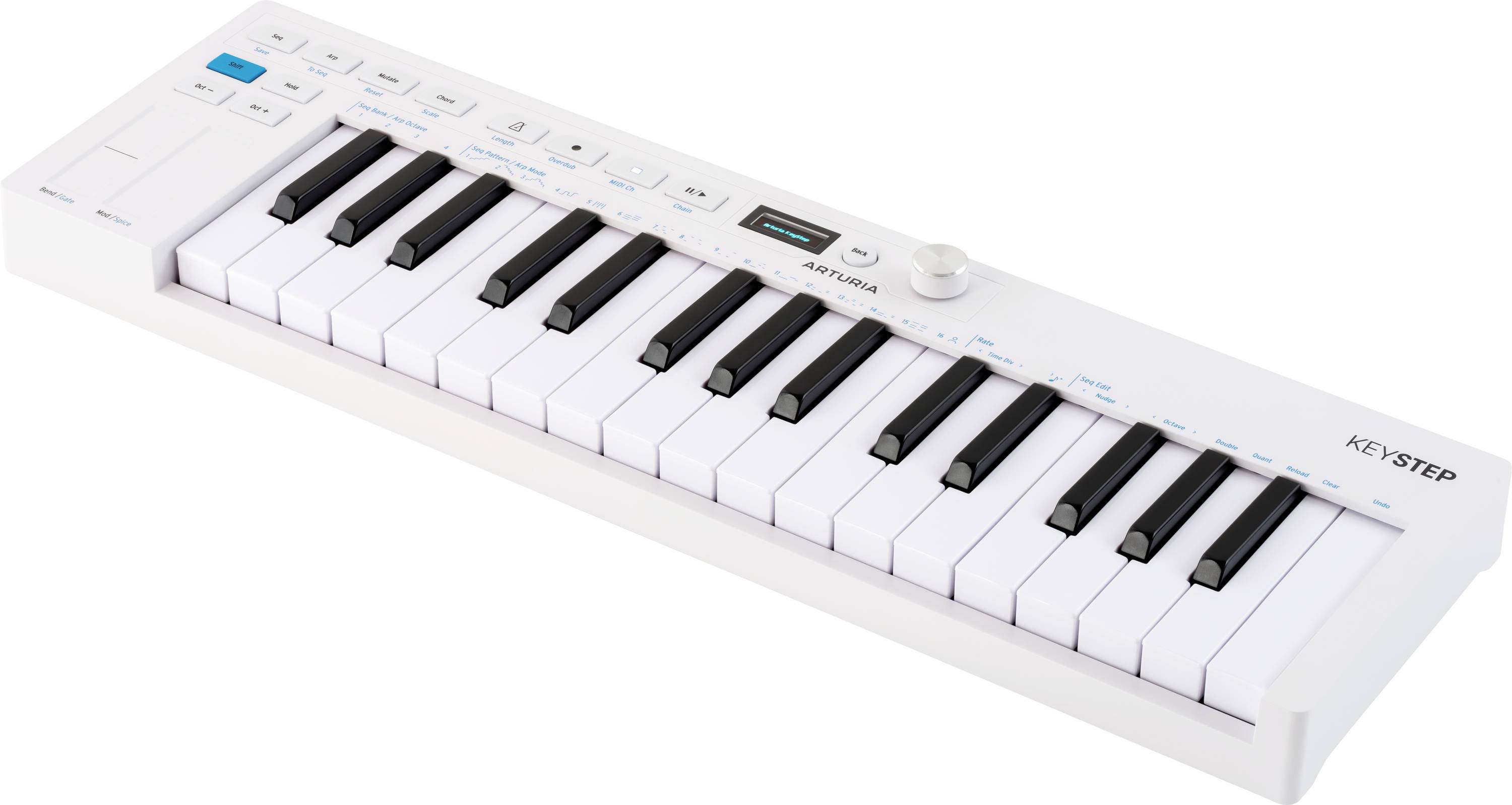 Ein weißes, kompaktes MIDI-Keyboard mit 25 Tasten, blauen Kontrollbuttons und einem digitalen Display, das für Musikproduktion und Performance verwendet wird.